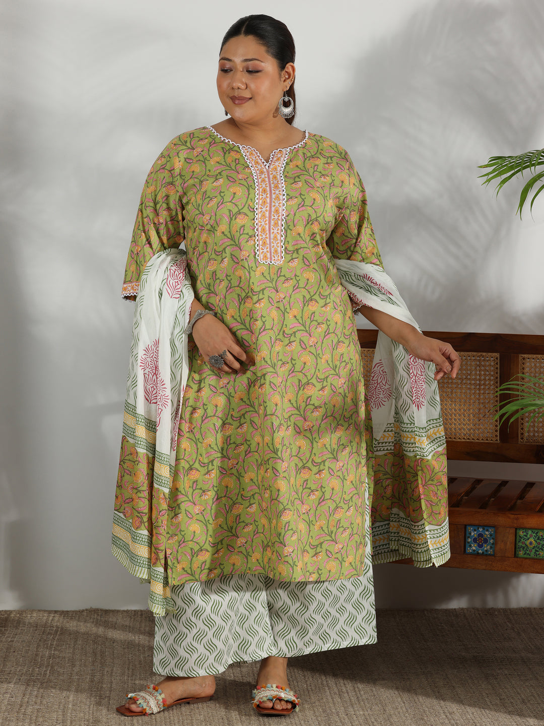 Plus Size Green Printed Cotton Straight Suit With Dupatta