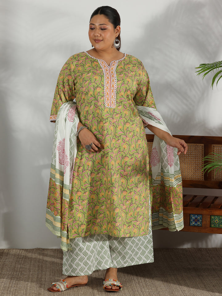 Plus Size Green Printed Cotton Straight Suit With Dupatta