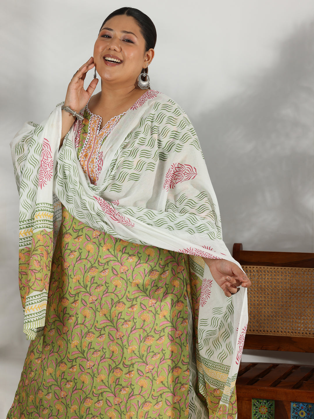 Plus Size Green Printed Cotton Straight Suit With Dupatta