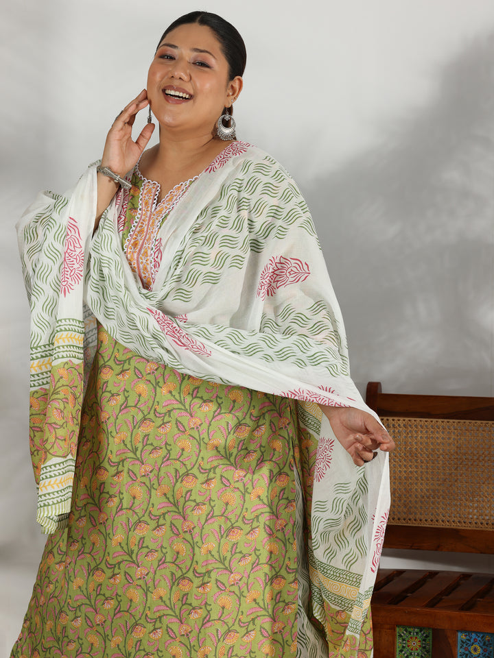 Plus Size Green Printed Cotton Straight Suit With Dupatta