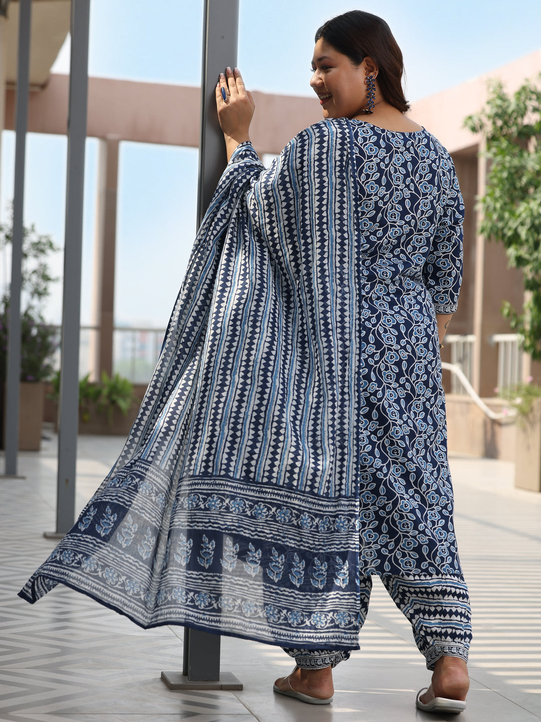 Plus Size Blue Printed Cotton Straight Suit With Dupatta