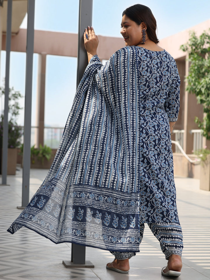 Plus Size Blue Printed Cotton Straight Suit With Dupatta