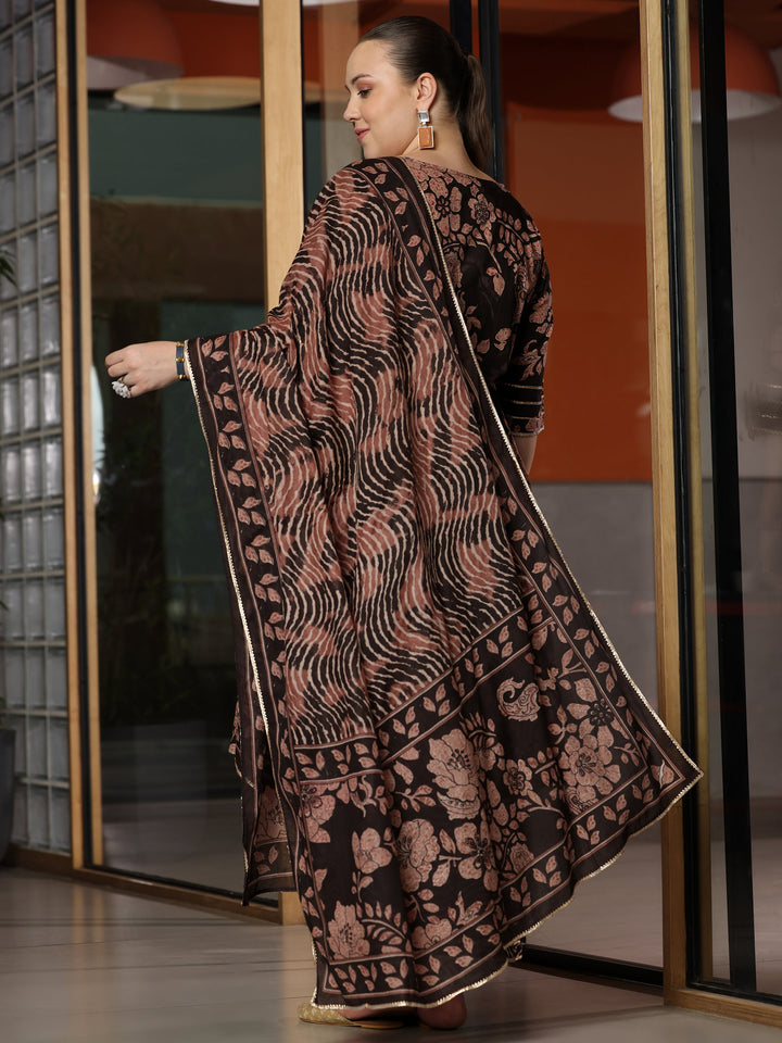 Plus Size Black Printed Cotton Straight Suit With Dupatta
