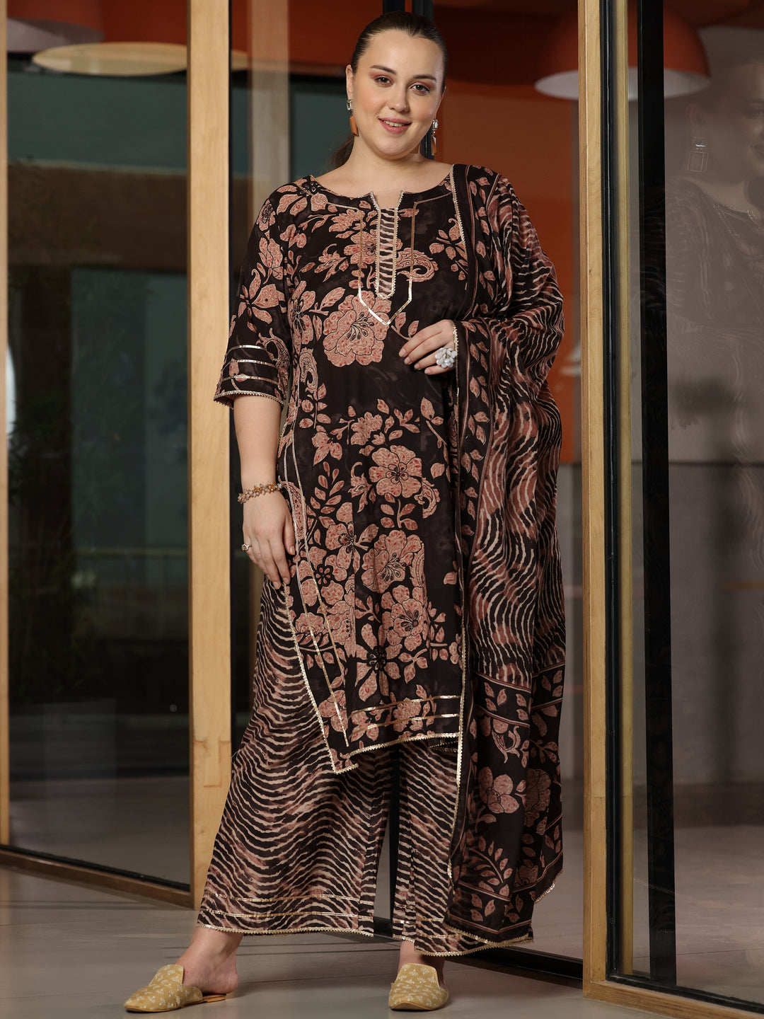 Plus Size Black Printed Cotton Straight Suit With Dupatta