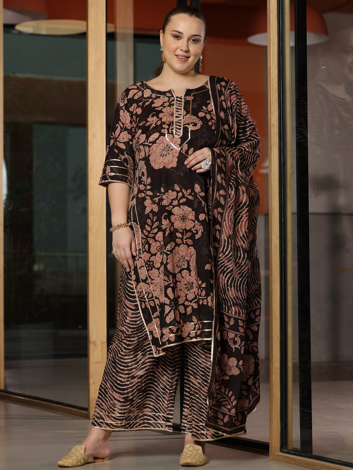 Plus Size Black Printed Cotton Straight Suit With Dupatta