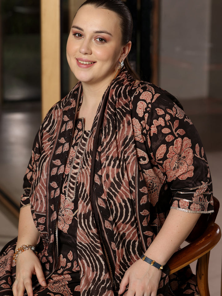 Plus Size Black Printed Cotton Straight Suit With Dupatta