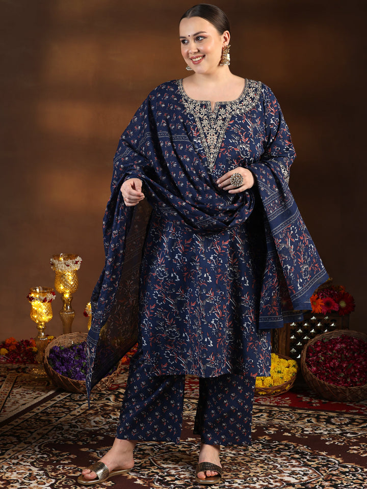 Plus Size Blue Printed Cotton Straight Suit With Dupatta