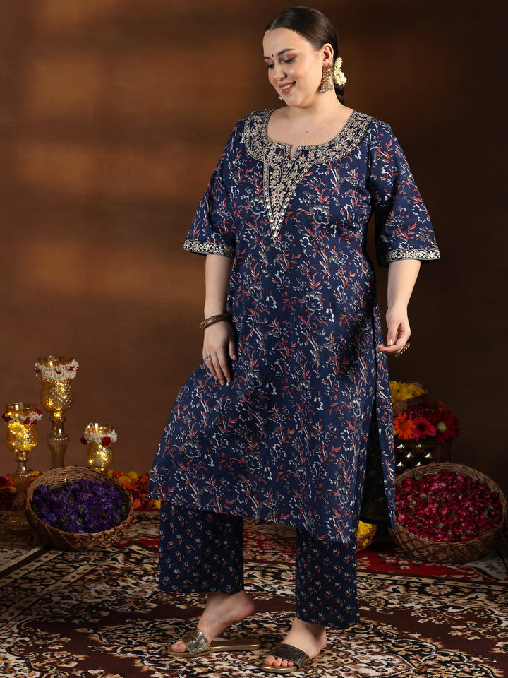 Plus Size Blue Printed Cotton Straight Suit With Dupatta