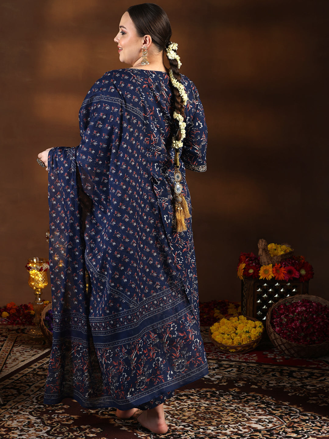 Plus Size Blue Printed Cotton Straight Suit With Dupatta