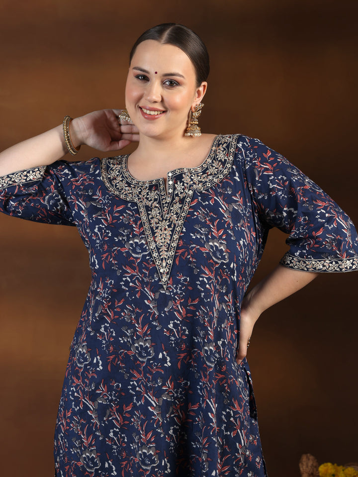 Plus Size Blue Printed Cotton Straight Suit With Dupatta
