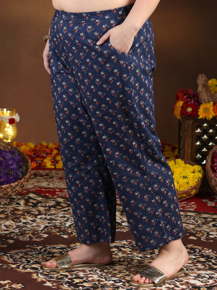 Plus Size Blue Printed Cotton Straight Suit With Dupatta