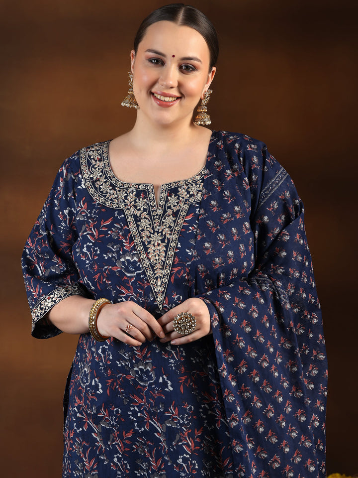 Plus Size Blue Printed Cotton Straight Suit With Dupatta