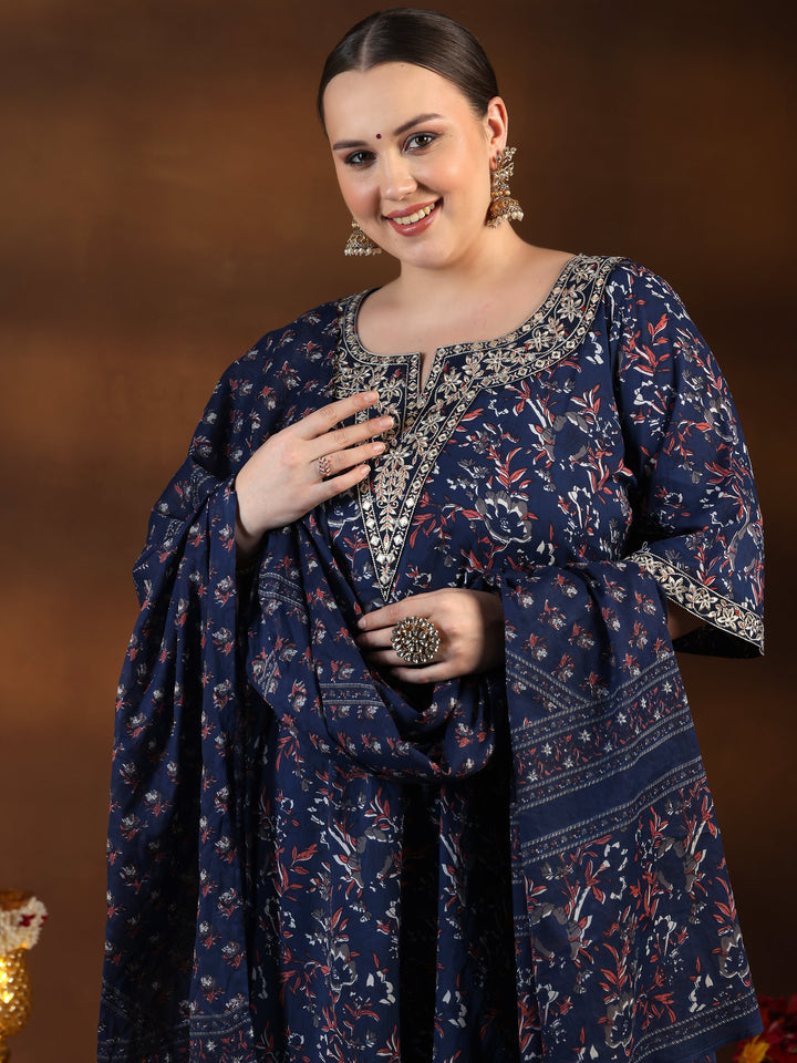 Plus Size Blue Printed Cotton Straight Suit With Dupatta