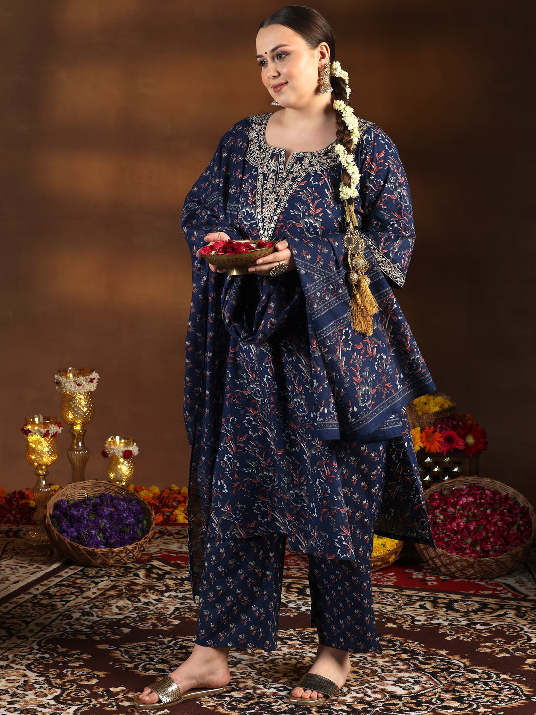 Plus Size Blue Printed Cotton Straight Suit With Dupatta