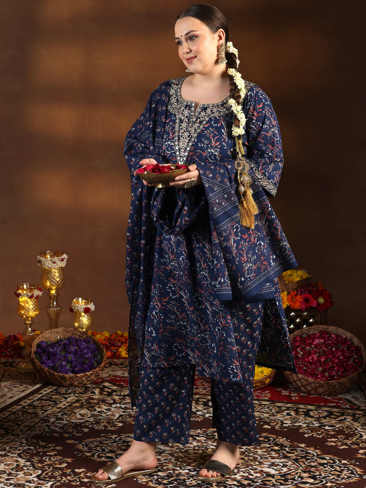 Plus Size Blue Printed Cotton Straight Suit With Dupatta