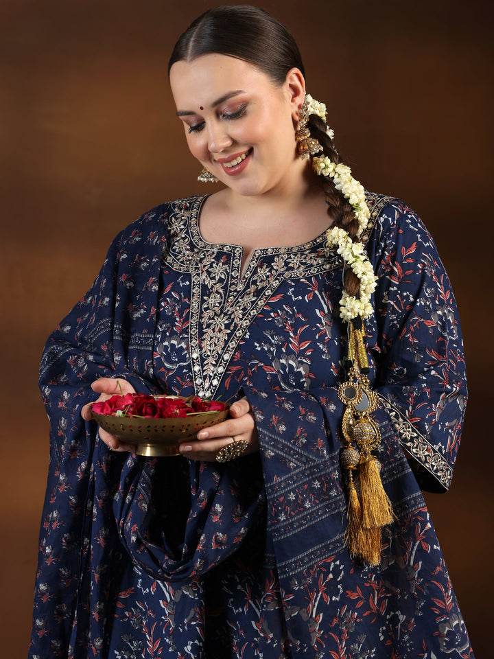 Plus Size Blue Printed Cotton Straight Suit With Dupatta