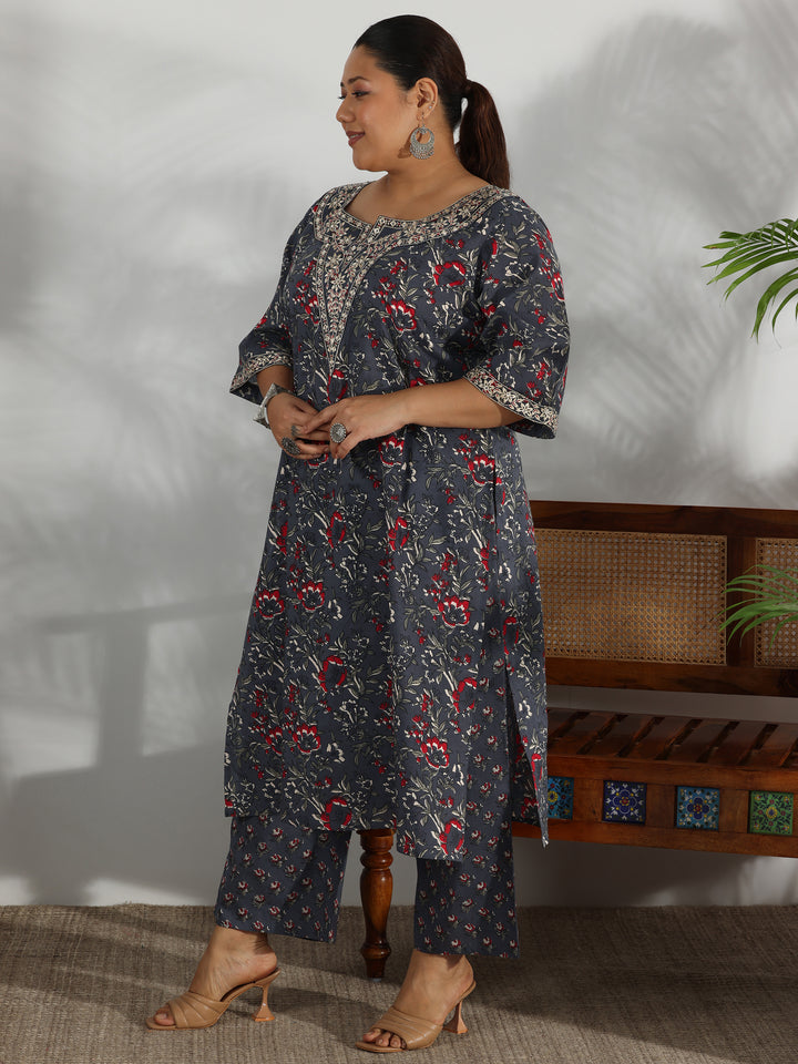 Plus Size Grey Printed Cotton Straight Suit With Dupatta