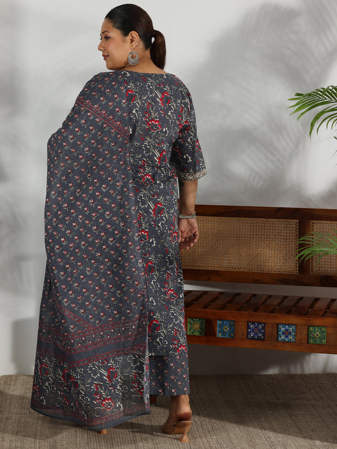 Plus Size Grey Printed Cotton Straight Suit With Dupatta
