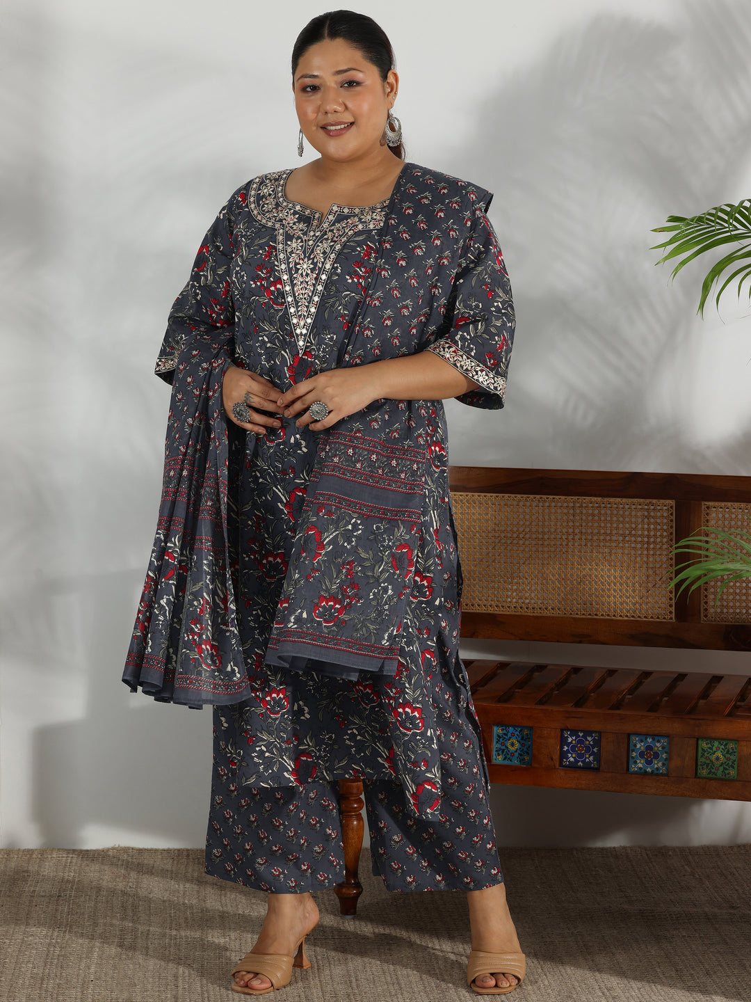 Plus Size Grey Printed Cotton Straight Suit With Dupatta