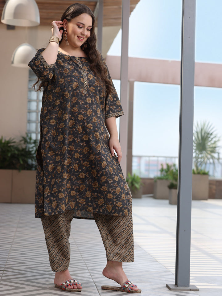 Plus Size Grey Printed Cotton Straight Suit With Dupatta