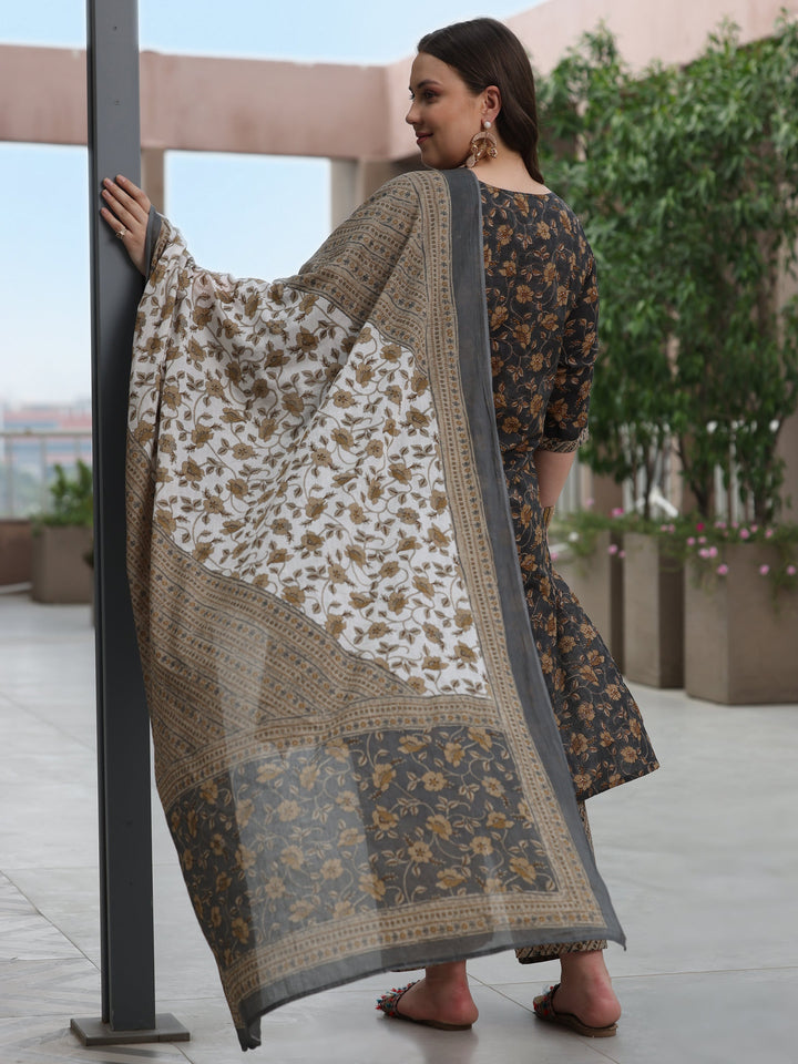 Plus Size Grey Printed Cotton Straight Suit With Dupatta