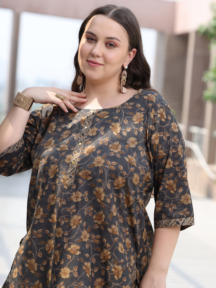 Plus Size Grey Printed Cotton Straight Suit With Dupatta