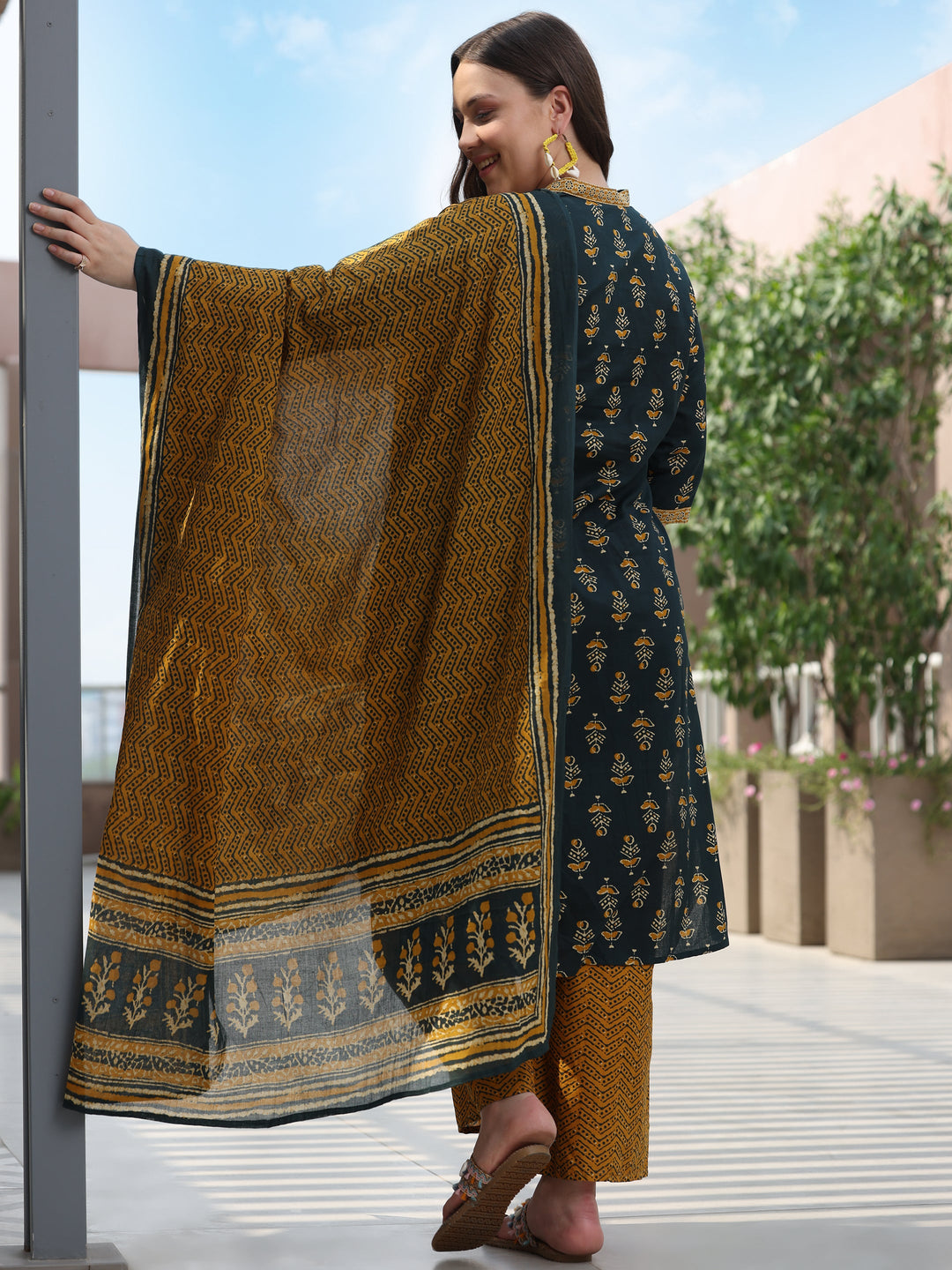 Plus Size Green Printed Cotton Straight Suit With Dupatta