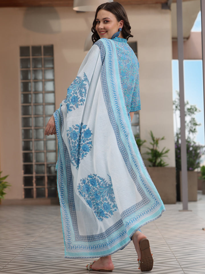 Plus Size Blue Printed Cotton Straight Suit With Dupatta