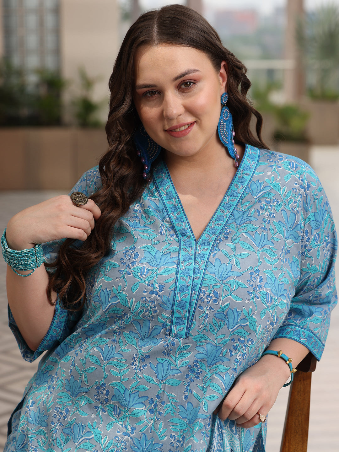 Plus Size Blue Printed Cotton Straight Suit With Dupatta