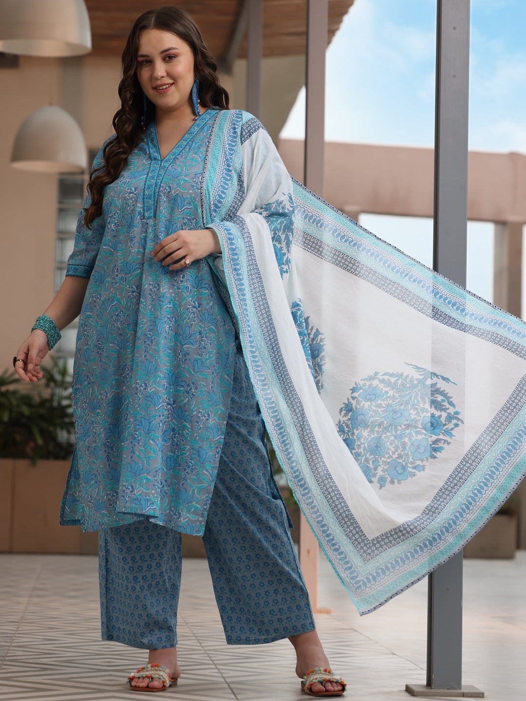 Plus Size Blue Printed Cotton Straight Suit With Dupatta