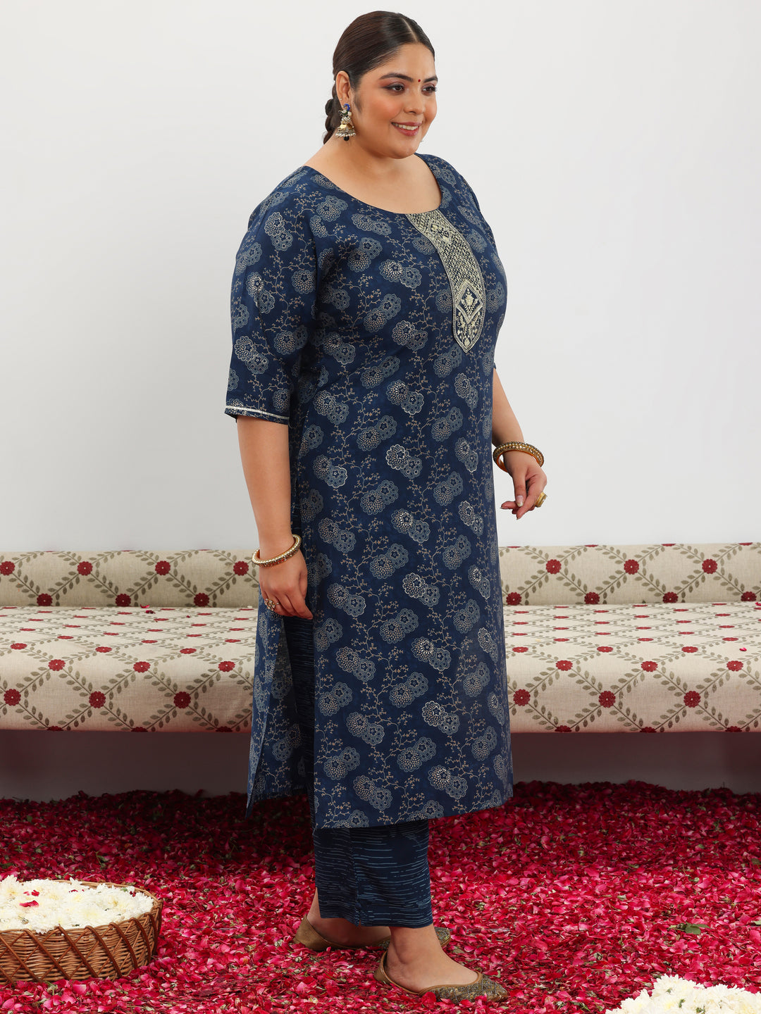 Plus Size Blue Printed Silk Blend Straight Suit With Dupatta