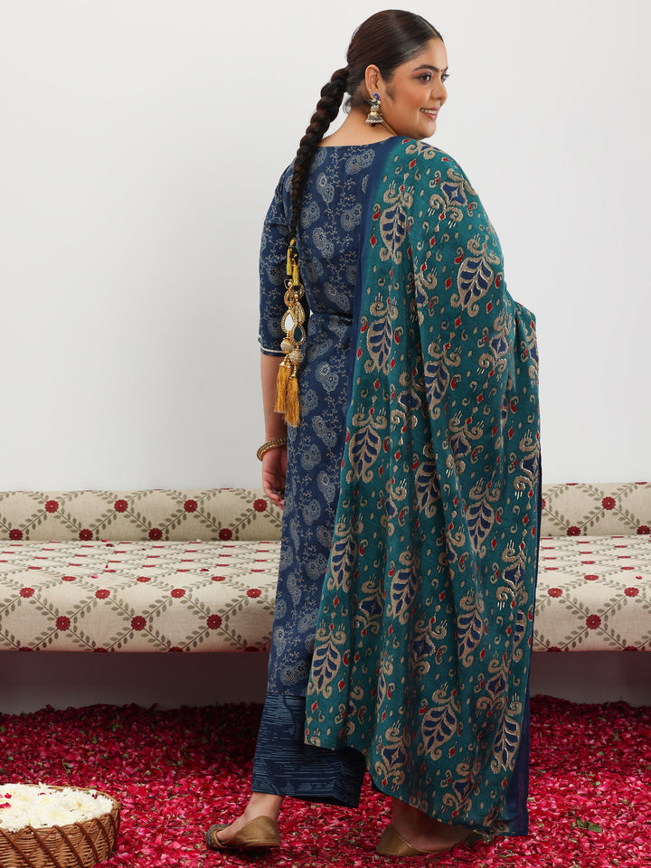 Plus Size Blue Printed Silk Blend Straight Suit With Dupatta