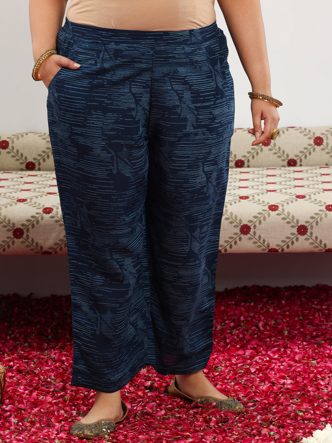 Plus Size Blue Printed Silk Blend Straight Suit With Dupatta