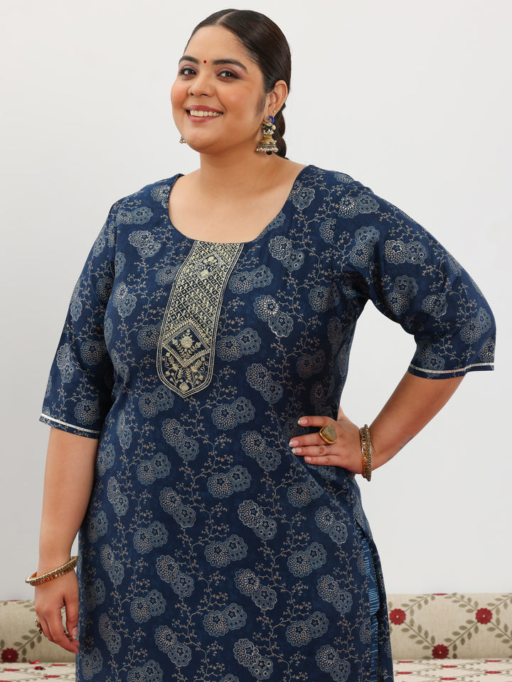 Plus Size Blue Printed Silk Blend Straight Suit With Dupatta