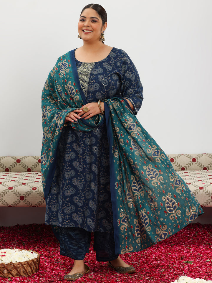 Plus Size Blue Printed Silk Blend Straight Suit With Dupatta