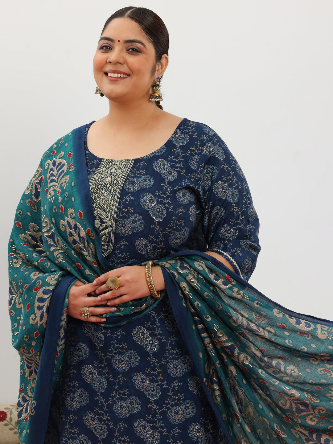 Plus Size Blue Printed Silk Blend Straight Suit With Dupatta