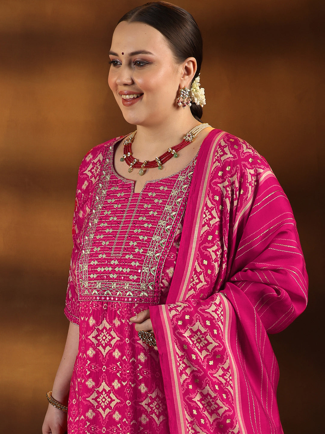 Plus Size Pink Printed Silk Blend Straight Suit With Dupatta
