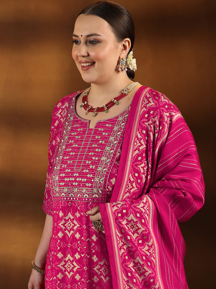 Plus Size Pink Printed Silk Blend Straight Suit With Dupatta