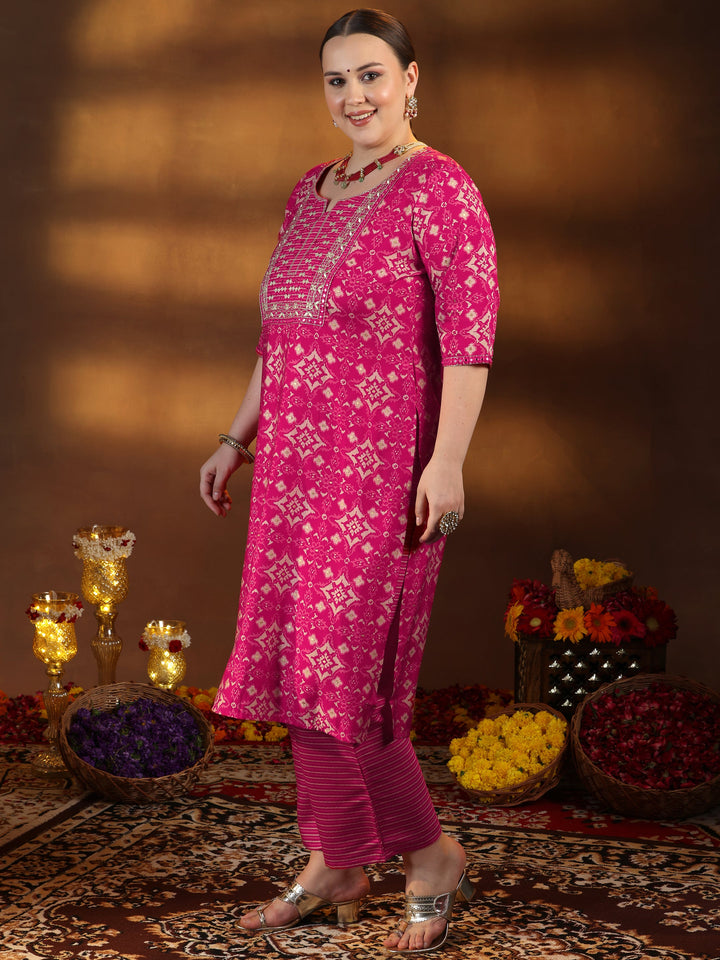 Plus Size Pink Printed Silk Blend Straight Suit With Dupatta
