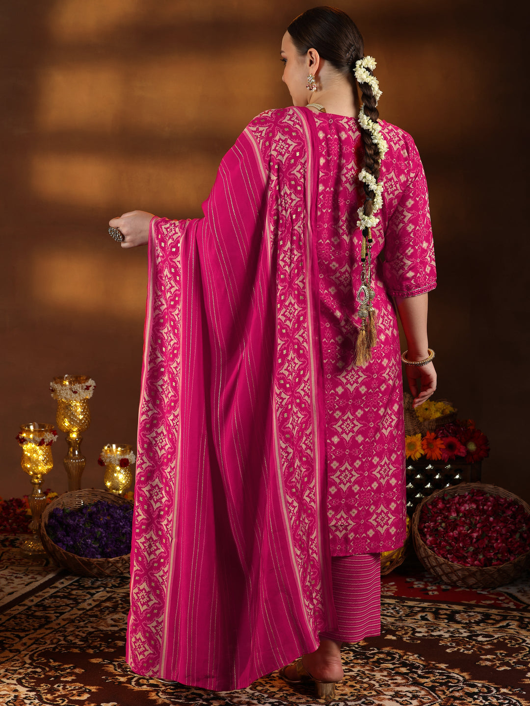 Plus Size Pink Printed Silk Blend Straight Suit With Dupatta
