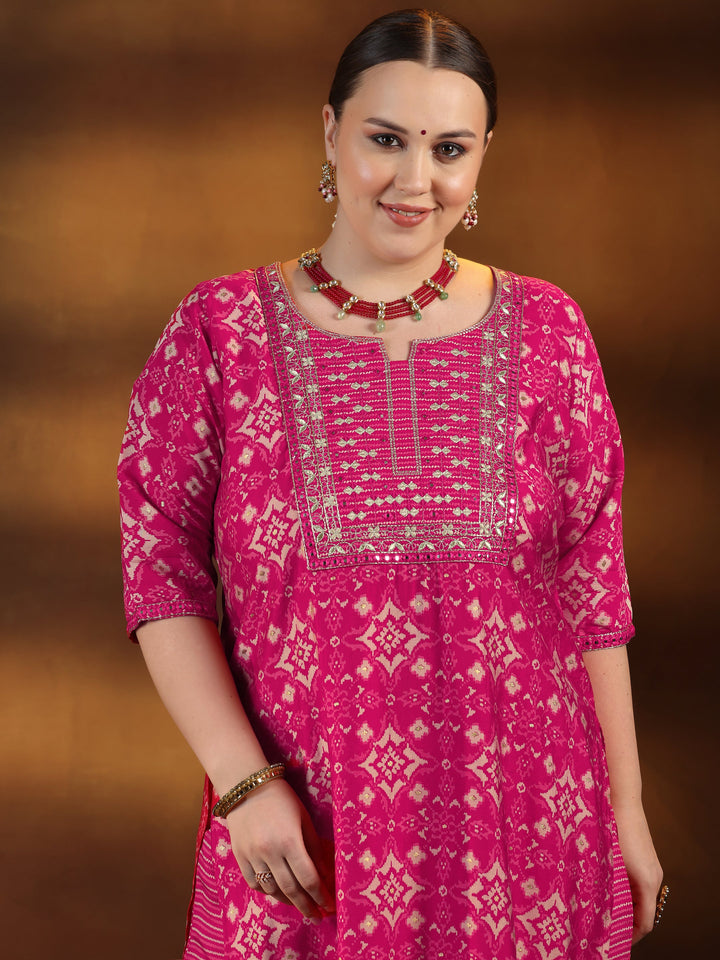 Plus Size Pink Printed Silk Blend Straight Suit With Dupatta