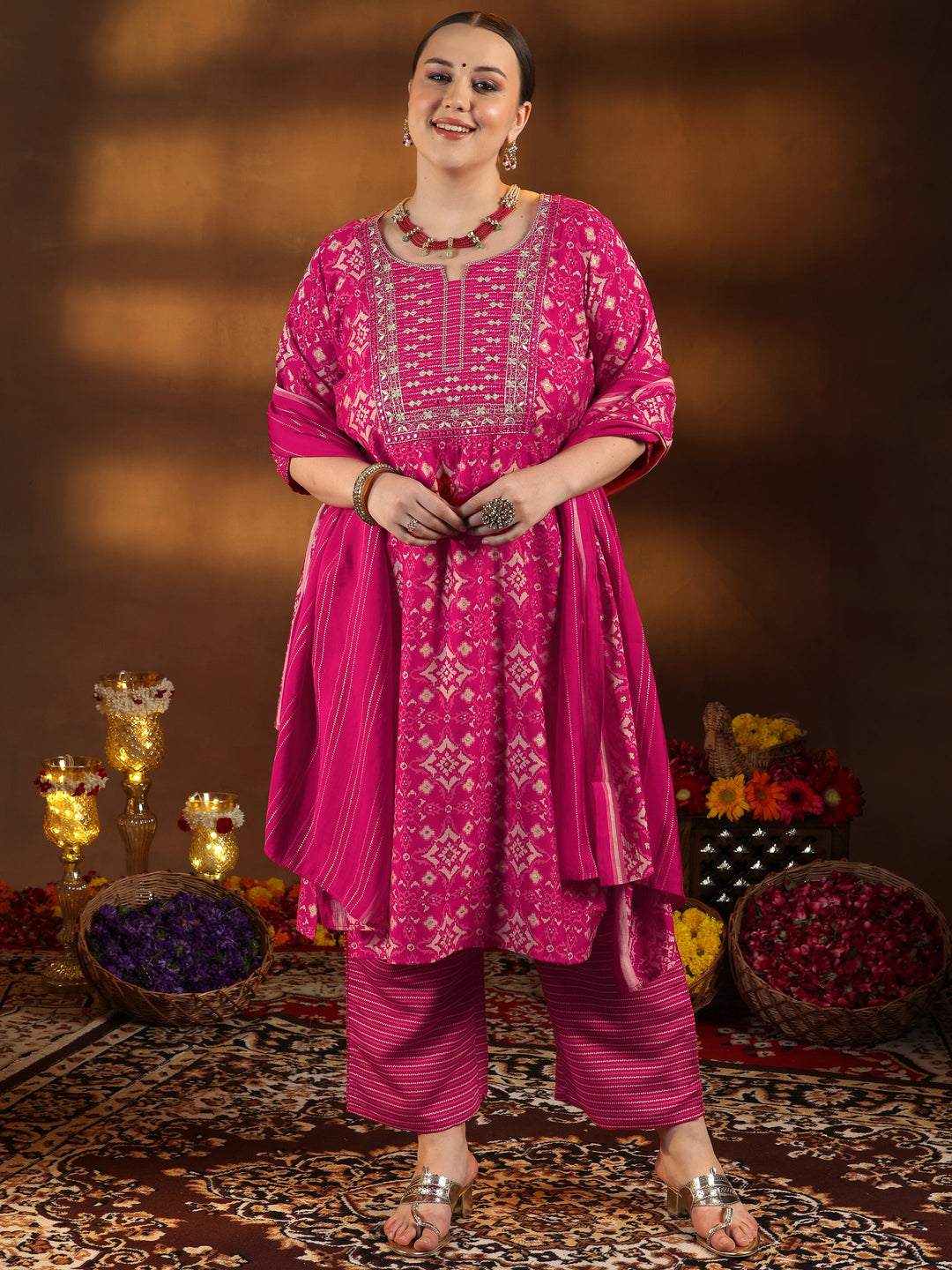Plus Size Pink Printed Silk Blend Straight Suit With Dupatta