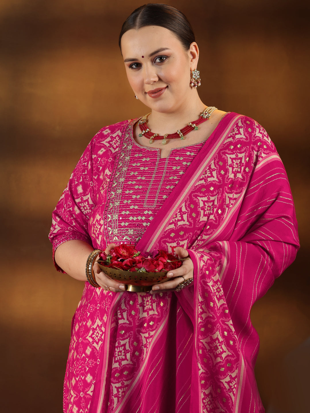 Plus Size Pink Printed Silk Blend Straight Suit With Dupatta