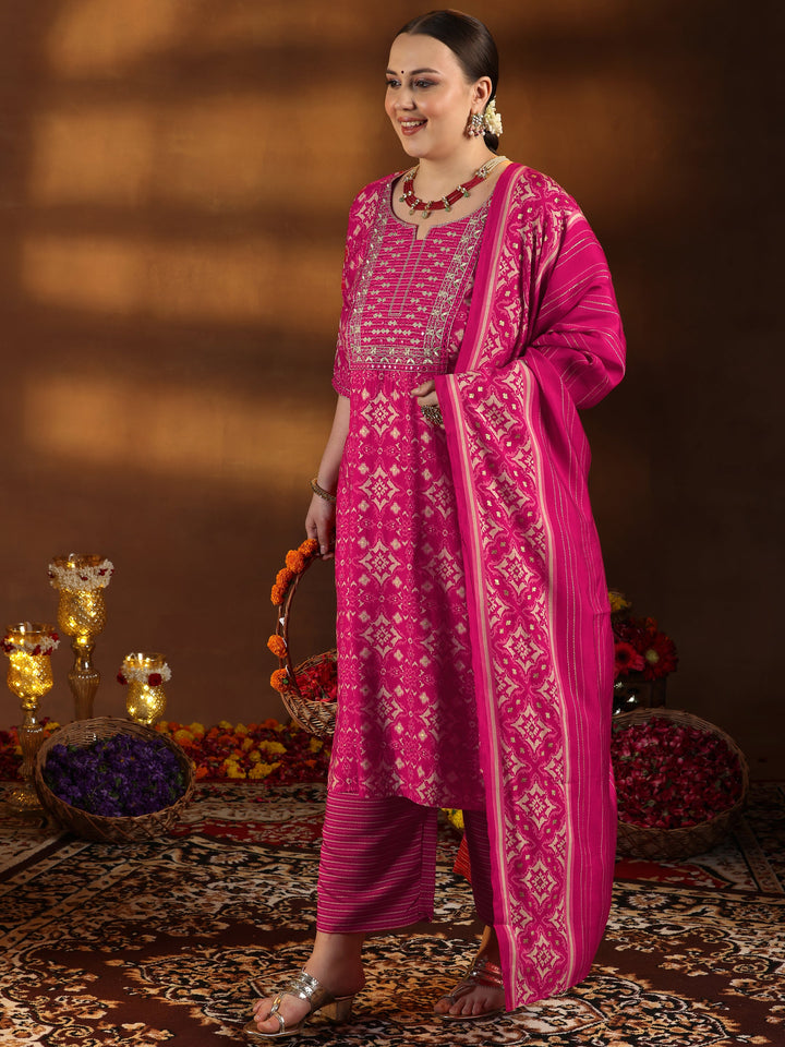Plus Size Pink Printed Silk Blend Straight Suit With Dupatta
