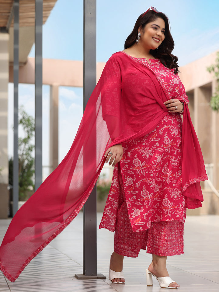 Plus Size Pink Printed Cotton Straight Suit With Dupatta