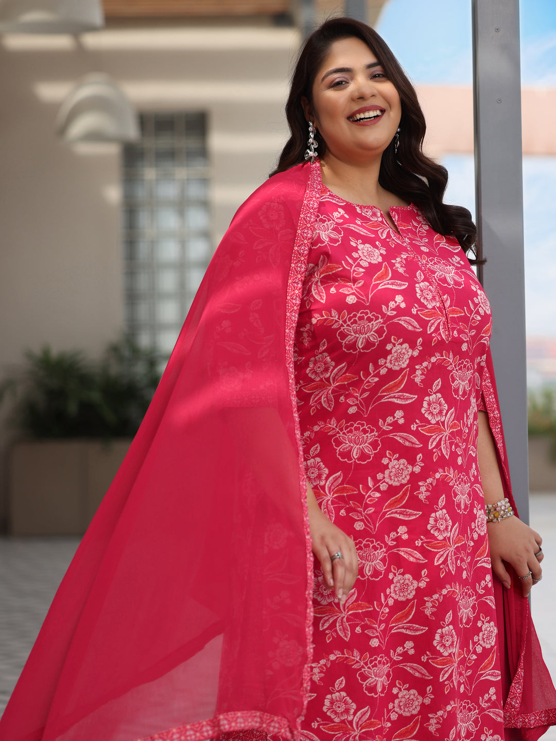 Plus Size Pink Printed Cotton Straight Suit With Dupatta