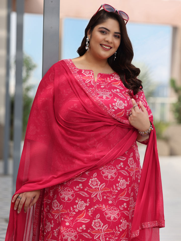Plus Size Pink Printed Cotton Straight Suit With Dupatta