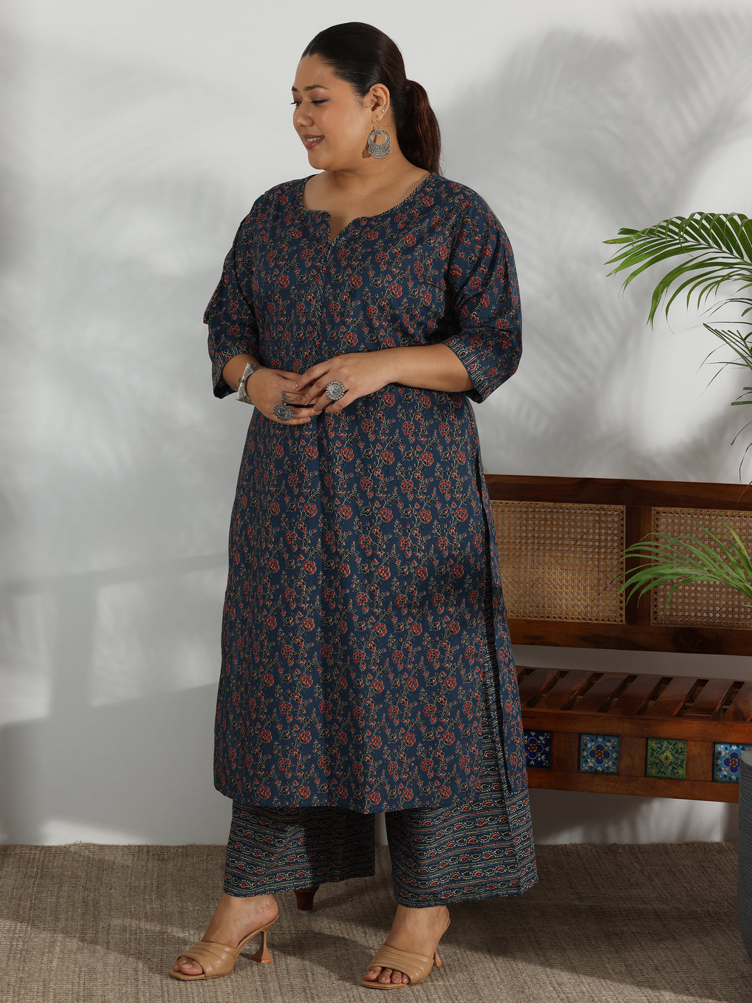 Plus Size Blue Printed Cotton Straight Suit With Dupatta