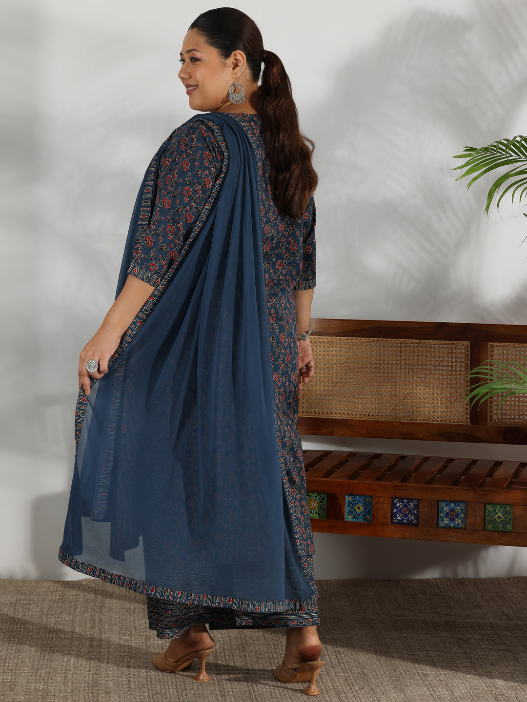 Plus Size Blue Printed Cotton Straight Suit With Dupatta