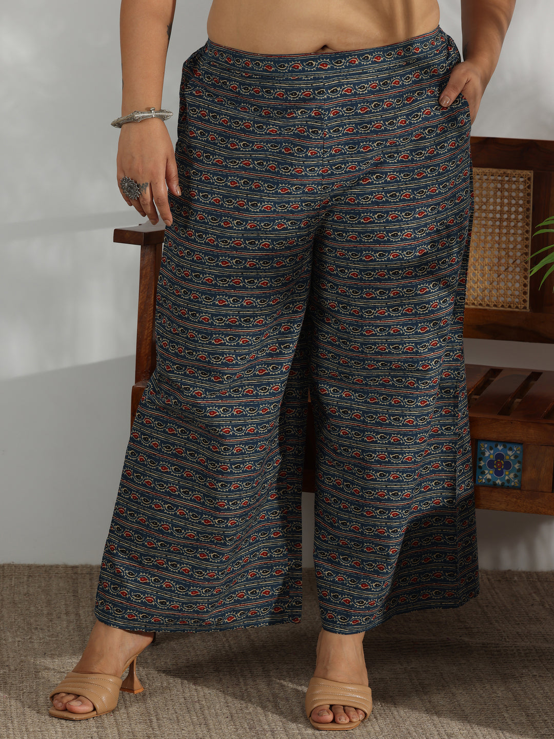 Plus Size Blue Printed Cotton Straight Suit With Dupatta